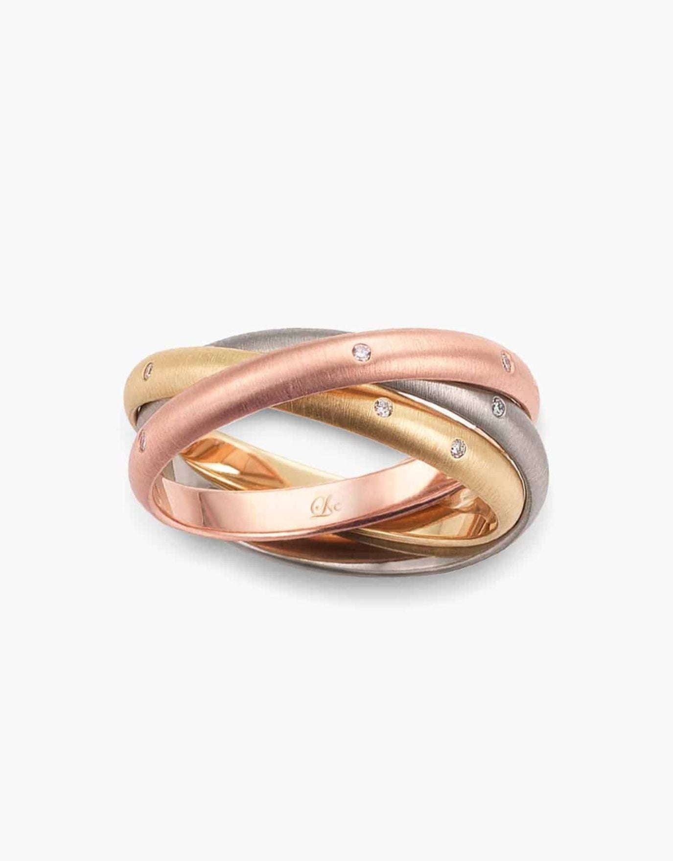 LVC Soleil Trinity Wedding Band in Yellow, White, and Rose Gold with Satin Finish