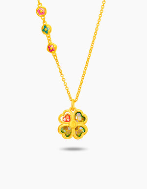 LVC 9IN Fortune Clover Hearts 999 Gold Necklace