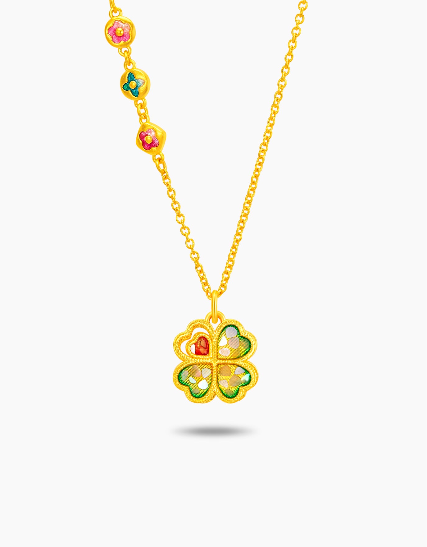 LVC 9IN Fortune Clover Hearts 999 Gold Necklace