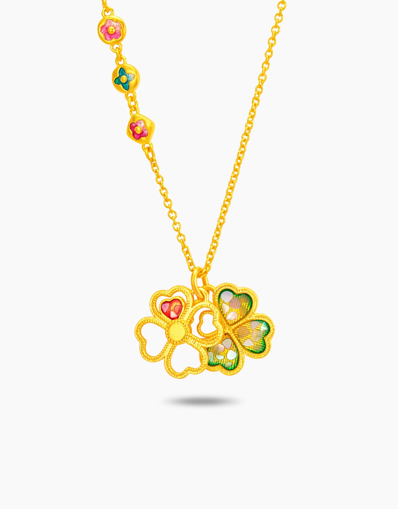 LVC 9IN Fortune Clover Hearts 999 Gold Necklace