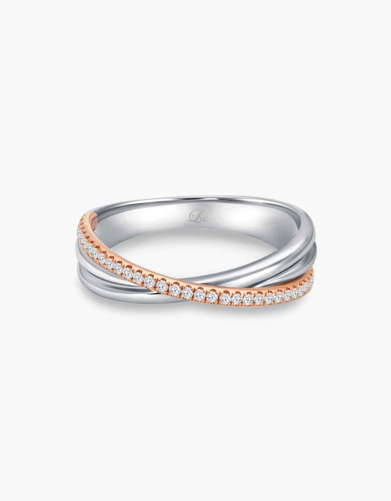 LVC Desirio Cross Wedding Band with Brilliant Diamonds on White or Rose Gold Band